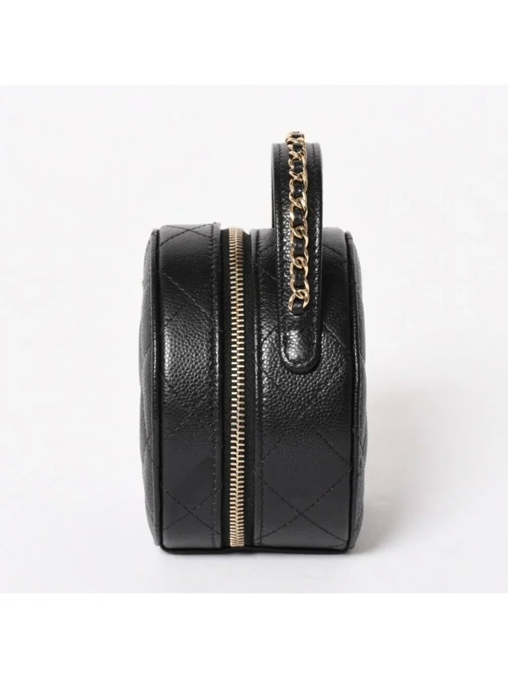 Chanel Small Round Vanity Bag Handbag Stand CC Logo Caviar Leather Black
